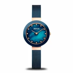 Bering Damen Armbanduhr Roségold glänzend, Blaues Perlmut-Zifferblatt Swarovski Elementen 1429-367