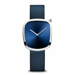 Bering Damen Quarz Armbanduhr Edelstahl Silber-Blau Milanaise Armband 18034-307