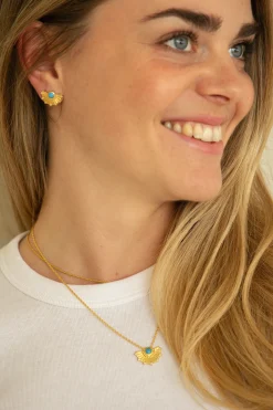 Collier 925 Silber vergoldet Fächer Anhänger mit Türkis & Weißtopas 41185220952158