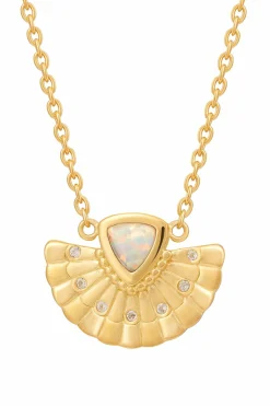 Collier 925 Silber vergoldet FĂ€cher AnhĂ€nger mit Opal & WeiĂtopas 41185220919390