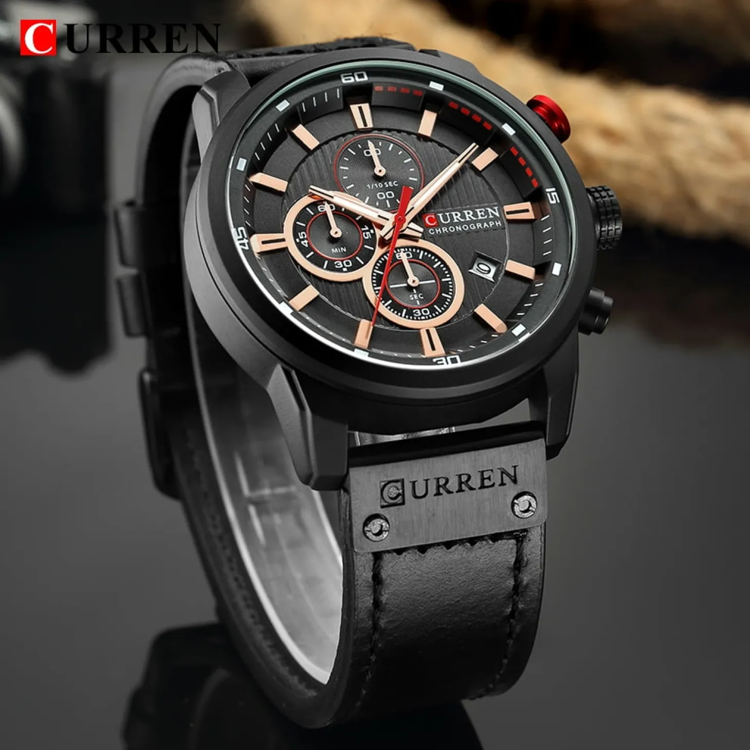 CURREN Men's Dark Brown Chronograph Quartz Watch Waterproof Leather Strap Sports Wristwatch 8291
