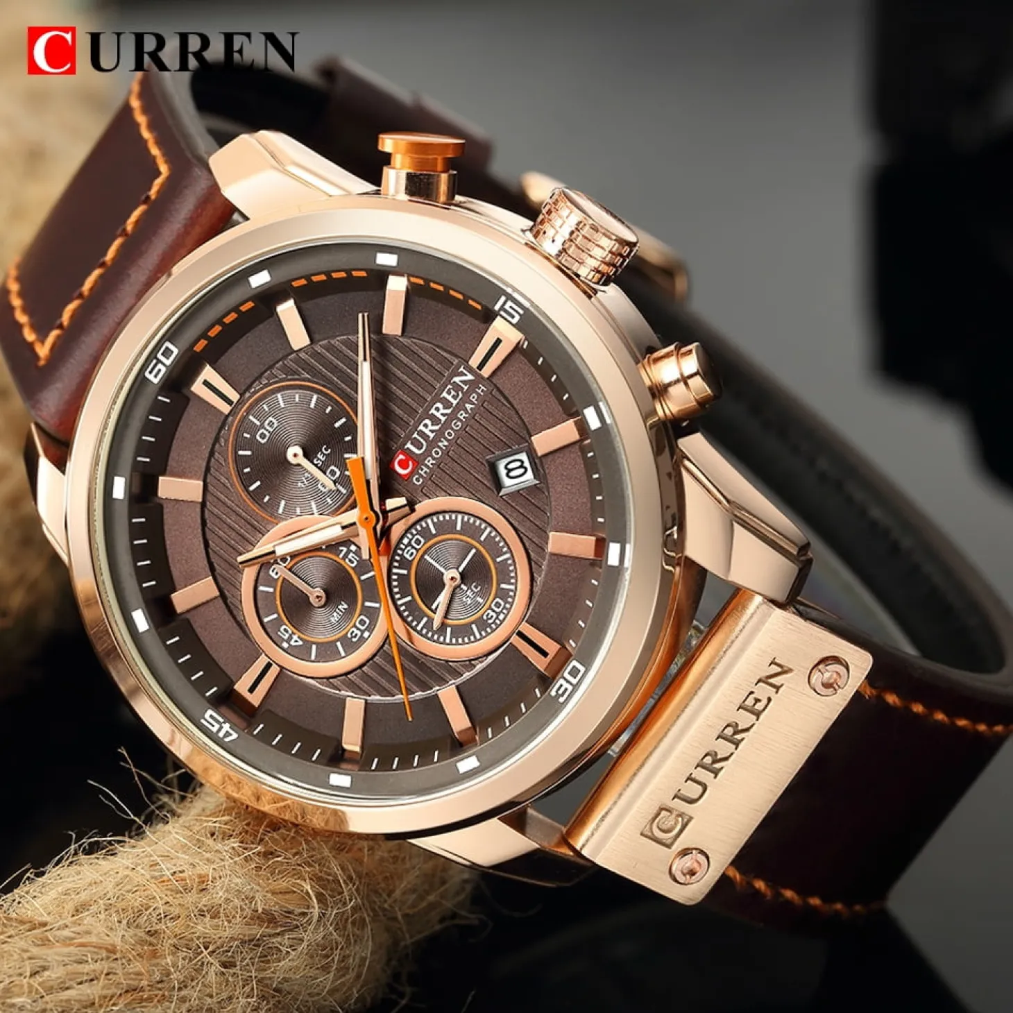 CURREN Men's Dark Brown Chronograph Quartz Watch Waterproof Leather Strap Sports Wristwatch 8291