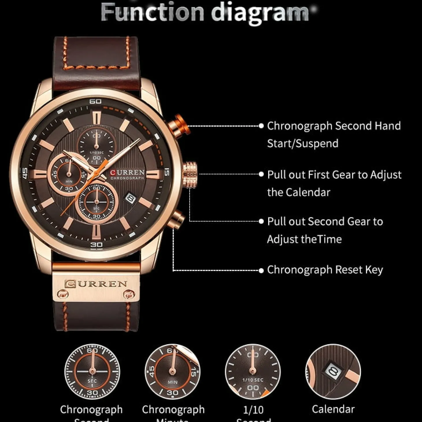 CURREN Men's Dark Brown Chronograph Quartz Watch Waterproof Leather Strap Sports Wristwatch 8291