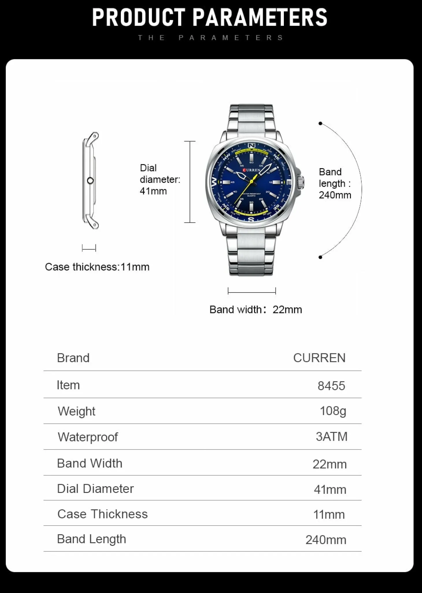 CURREN Men's Ice Blue Quartz Sports Watch Stainless Steel Casual Wristwatch Waterproof Model 8455
