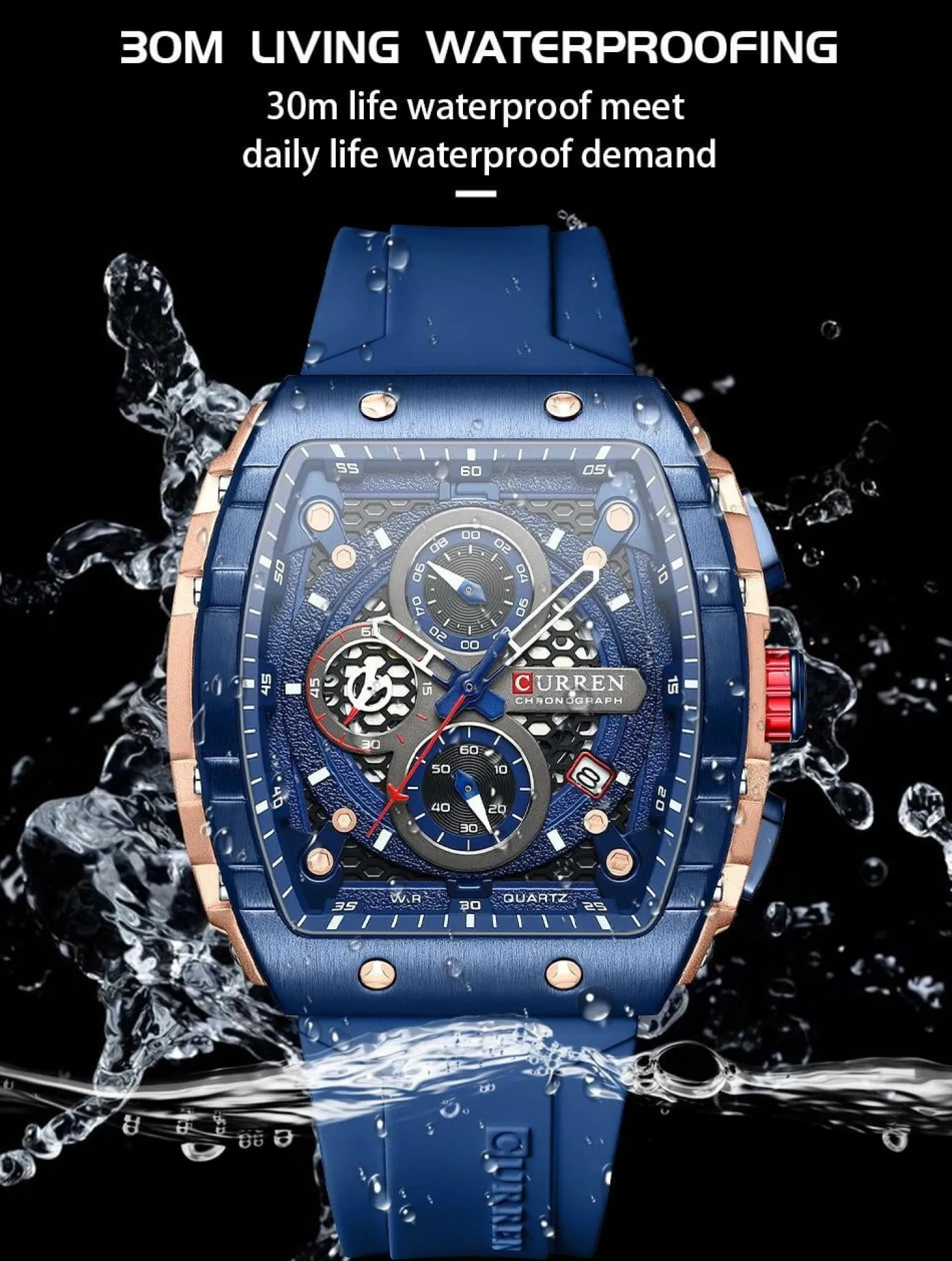 CURREN Men's Multi-Function Chronograph Quartz Watch with Silicone Strap and Date Display 8442