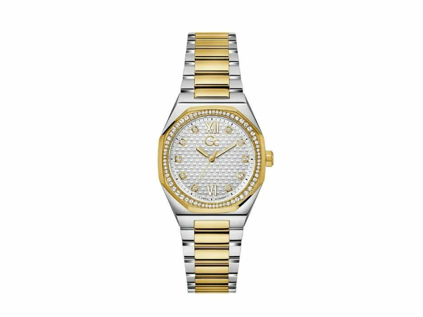 Guess Collection Damen Armbanduhr Coussin Sleek Mid Size Metall Silber Gelbgold Z25002L1MF