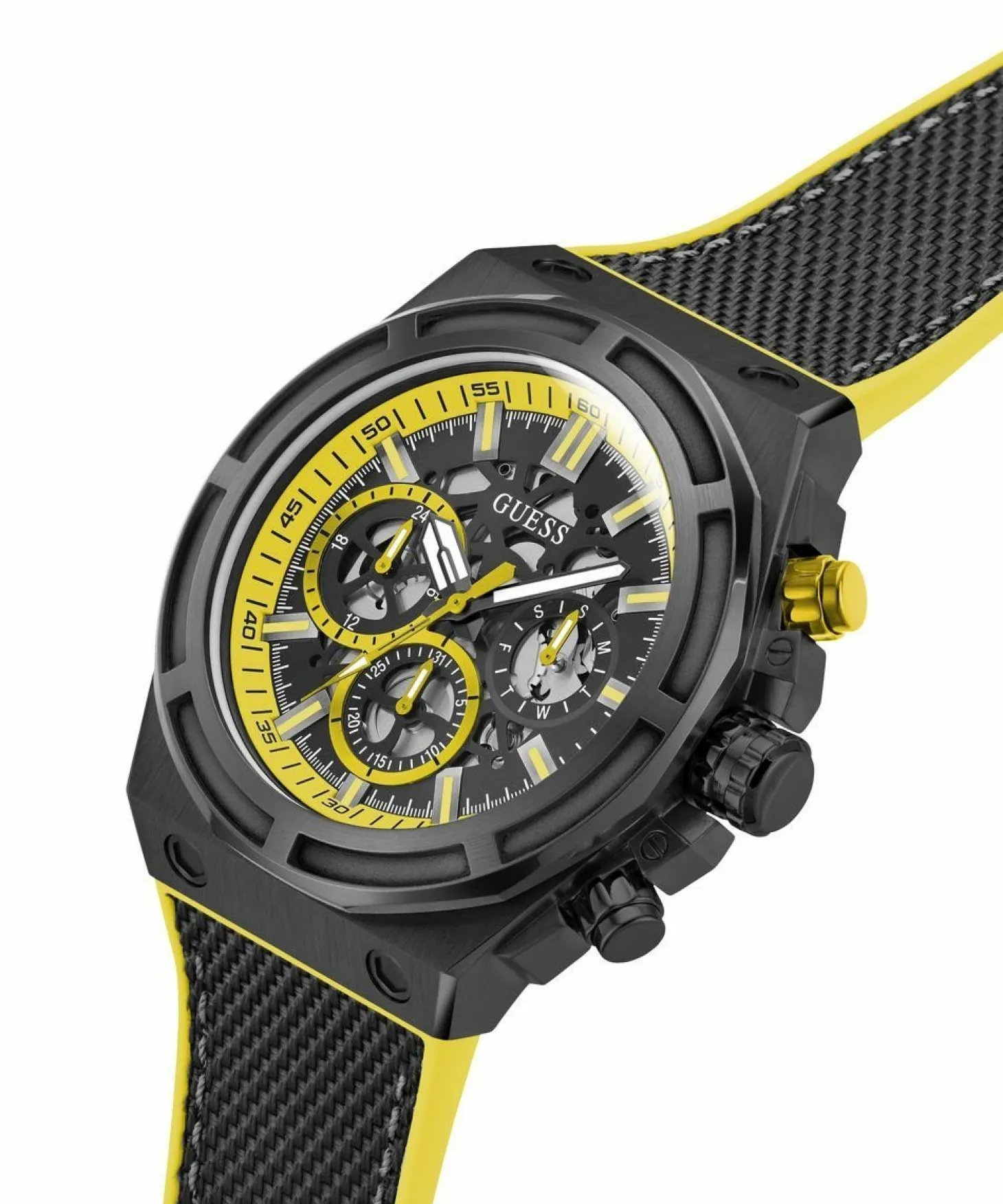 Guess Herren Armbanduhr MASTERPIECE Multifunktion schwarz, gelb 47 mm GW0713G2