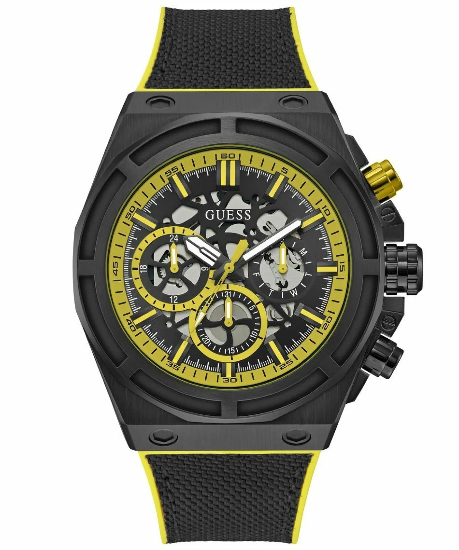 Guess Herren Armbanduhr MASTERPIECE Multifunktion schwarz, gelb 47 mm GW0713G2