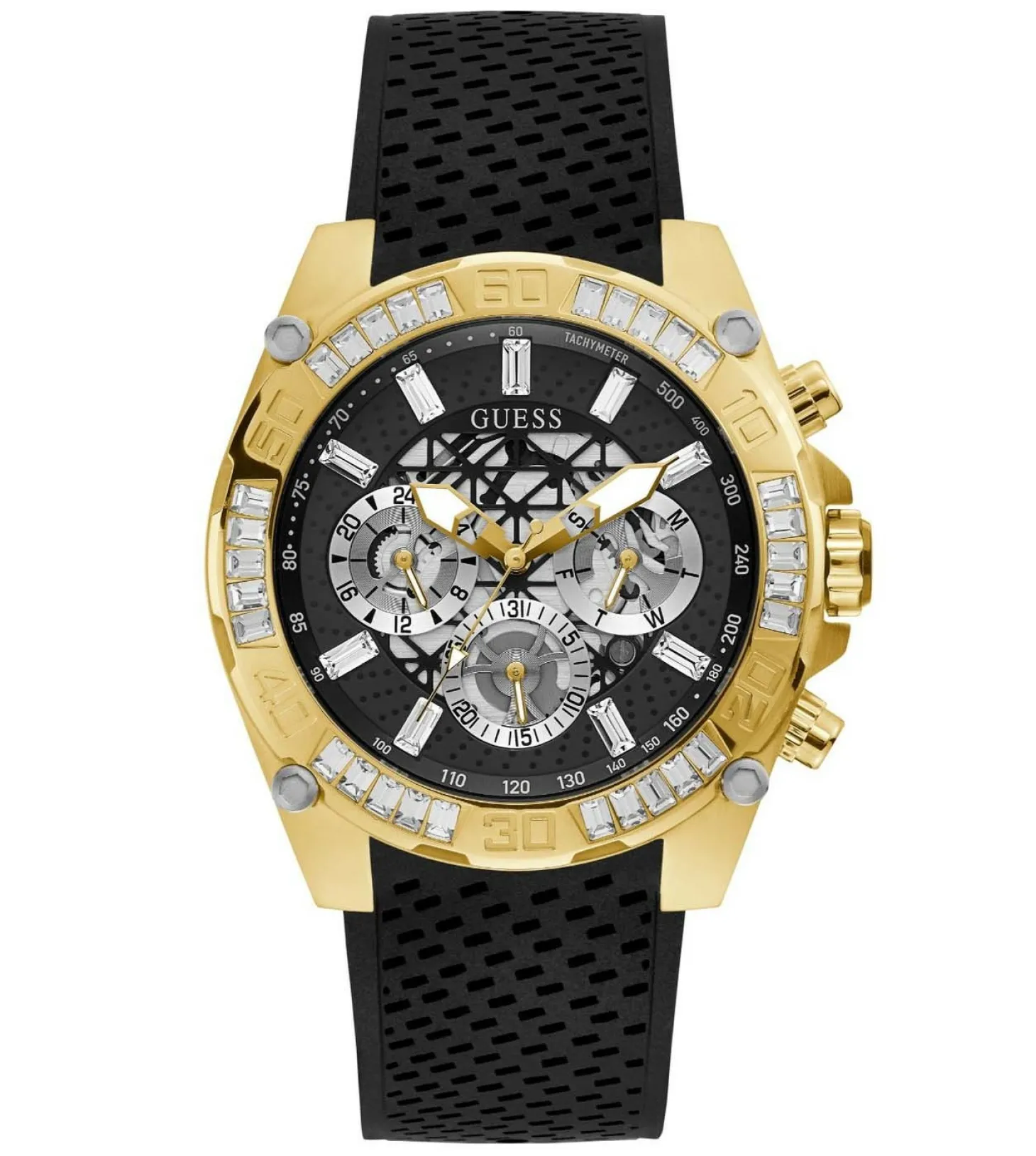 Guess Herren Armbanduhr Multifunktionsuhr Skeleton Trophy schwarz 46 mm GW0333G2