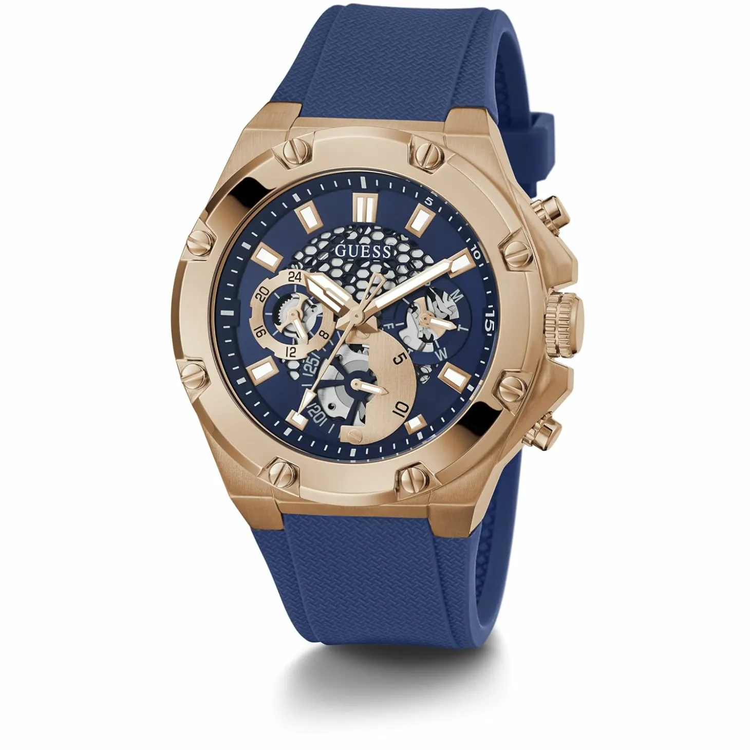 Guess Herren Armbanduhr Third Gear Multifunktion skeleton blau 46 mm GW0334G3