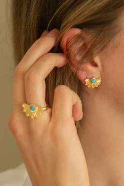 Ohrstecker 925 Silber vergoldet Fächer, Türkis & Weißtopas 41185220788318