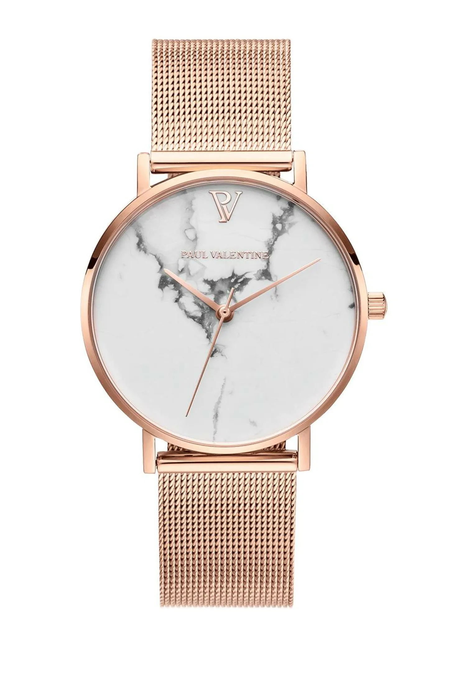 Paul Valentine Damen Armbanduhr WHITE MARBLE ROSE GOLD MESH 38 MM PV381011