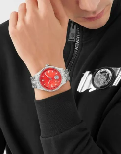 Plein Sport Herren Uhr LINEMAN PS5BA0724 Edelstahl Silber‑Orange 45 mm