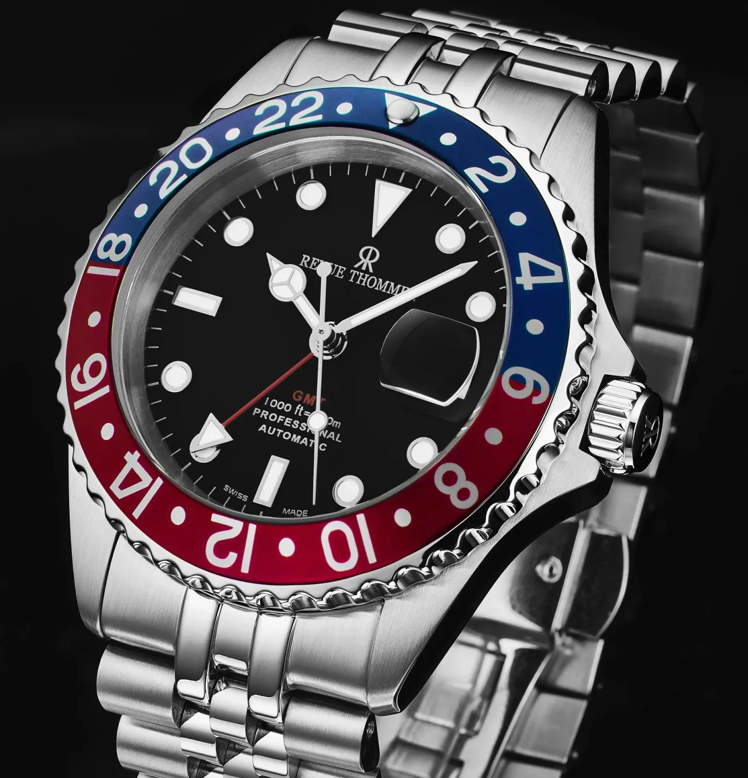 Revue Thommen Armbanduhr Automatic Diver' GMT Black Dial Blue and Red Armband Edelstahl 17572.2235