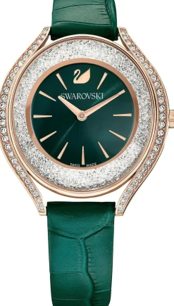 Swarovski Crystalline Aura Uhr, Schweizer Produktion, Lederarmband in Grün mit Roségoldfarbenem Finish, Artikelnummer: 5644078