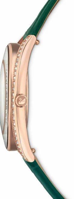Swarovski Crystalline Aura Uhr, Schweizer Produktion, Lederarmband in Grün mit Roségoldfarbenem Finish, Artikelnummer: 5644078