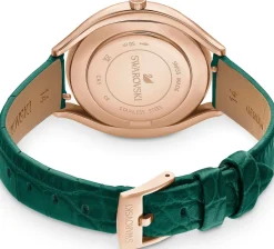 Swarovski Crystalline Aura Uhr, Schweizer Produktion, Lederarmband in Grün mit Roségoldfarbenem Finish, Artikelnummer: 5644078