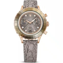 Swarovski Damen Schweizer Chronograph Uhr Octea Chrono Grau Roségold Finish Lederarmband 5671153