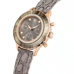 Swarovski Damen Schweizer Chronograph Uhr Octea Chrono Grau Roségold Finish Lederarmband 5671153