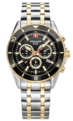 Swiss Alpine Military Herrenuhr Sierra, Chronograph, Edelstahl, Schwarz-silber-gold, Artikelnummer 7034.9147