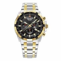 Swiss Alpine Military Herren Armbanduhr Chronograph bicolor Edelstahlarmband 46 mm 7043.9147