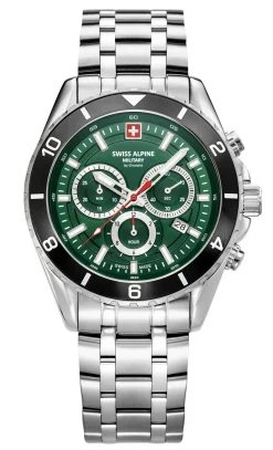 Swiss Alpine Military Herrenuhr Sierra Chrono, sportlich, silber/grĂŒn, Artikelnummer 7034.9138