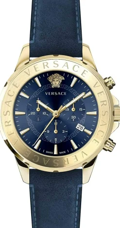 Versace Chrono Signature Herrenuhr Blau Leder Gold Stahl 44mm VEV600319