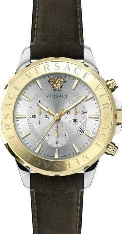 Versace Chrono Signature Herrenuhr Braunes Leder Silber Gold 44mm VEV600219