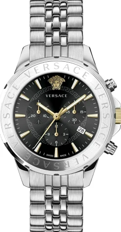 Versace Chronograph Signature Herrenuhr Silber Stahl Schwarz Zifferblatt 44mm VVEV6015 23