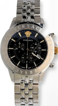 Versace Chronograph Signature Herrenuhr Silber Stahl Schwarz Zifferblatt 44mm VVEV6015 23