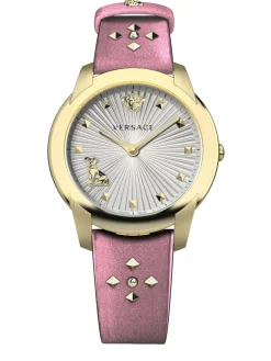 Versace Damen Armbanduhr Audrey 38 mm goldfarbenene Nieten am Armband Armband Leder VELR01219