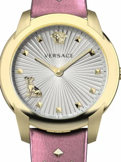Versace Damen Armbanduhr Audrey 38 mm goldfarbenene Nieten am Armband Armband Leder VELR01219