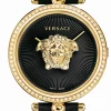 Versace Damenuhr Palazzo Empire Schwarz Leder Gold 68 Diamonds 34mm VECQ00818