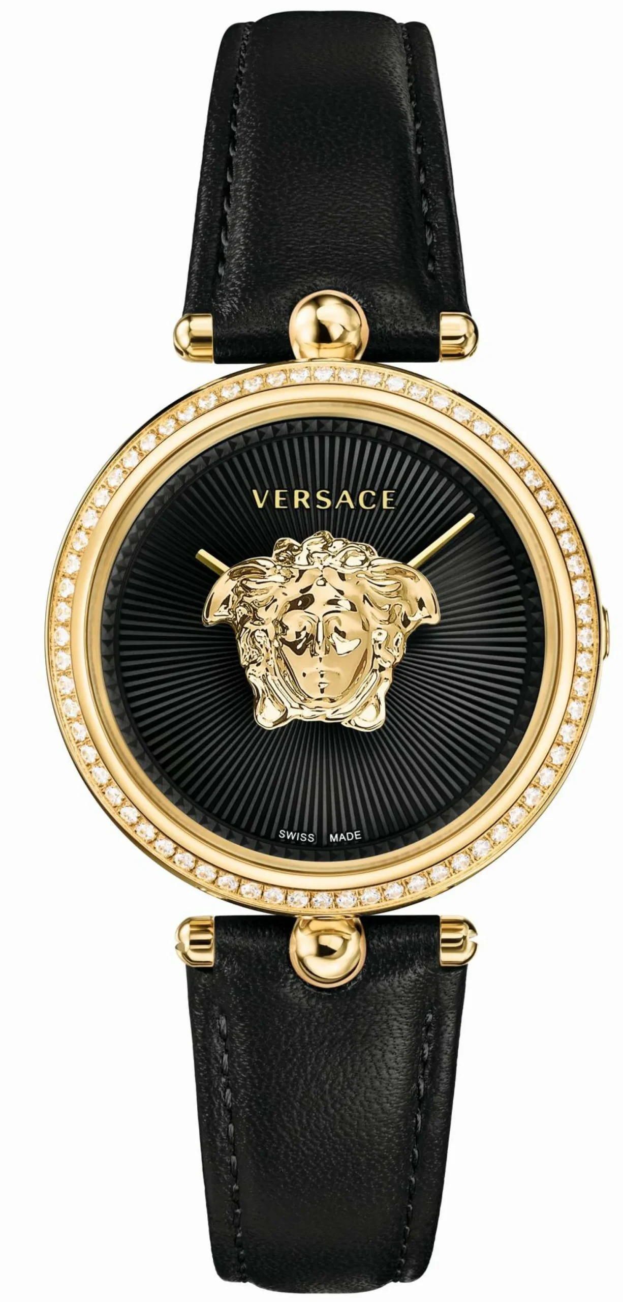 Versace Damenuhr Palazzo Empire Schwarz Leder Gold 68 Diamonds 34mm VECQ00818