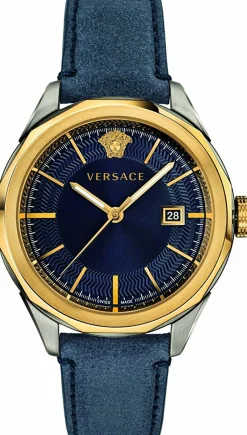 Versace Glaze Herrenuhr Blaues Leder Gold Stahlgehäuse 43mm VERA00218