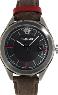 Versace Glaze Herrenuhr Dunkelgrau Braun Leder Silber Stahl 43mm VERA00418