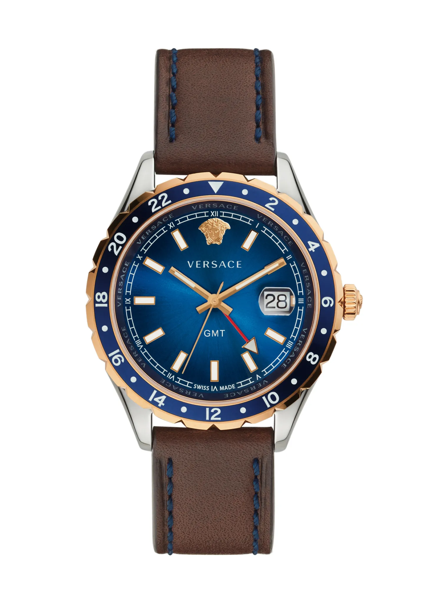 Versace Hellenyium GMT Herrenuhr Braun Leder Gold Silber Edelstahlgehäuse Blaues Zifferblatt 42mm V11080017