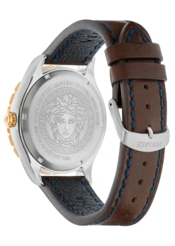 Versace Hellenyium GMT Herrenuhr Braun Leder Gold Silber Edelstahlgehäuse Blaues Zifferblatt 42mm V11080017