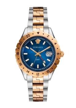 Versace Hellenyium GMT Herrenuhr Gold Silber Gehäuse Blaues Zifferblatt 42mm V11060017