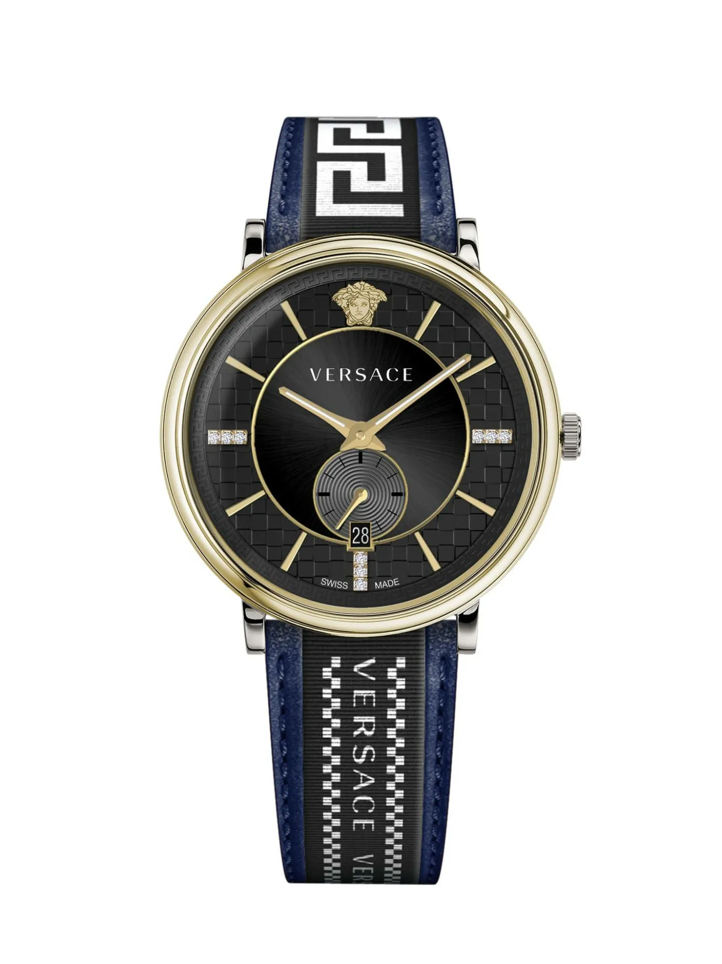 Versace Herren Armbanduhr V-circle 42 mm Multifunktionszifferblatt mit Datumsfenster Armband Leder, Stoff VEBQ02019