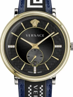 Versace Herren Armbanduhr V-circle 42 mm Multifunktionszifferblatt mit Datumsfenster Armband Leder, Stoff VEBQ02019