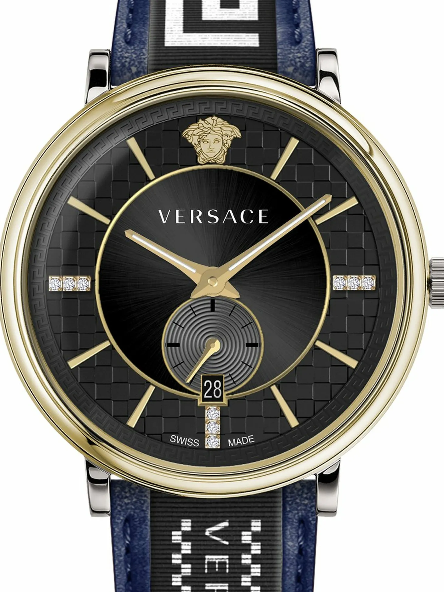 Versace Herren Armbanduhr V-circle 42 mm Multifunktionszifferblatt mit Datumsfenster Armband Leder, Stoff VEBQ02019