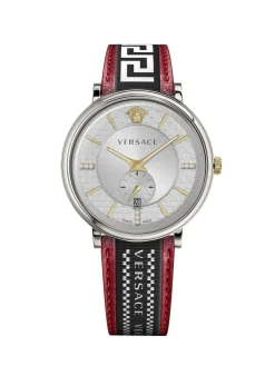 Versace Herren Armbanduhr V-circle 42 mm Multifunktionszifferblatt mit Datumsfenster Armband Leder, Stoff VEBQ01919