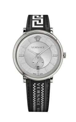 Versace Herren Armbanduhr V-circle 42 mm Multifunktionszifferblatt mit Datumsfenster Armband Leder, Stoff VEBQ01819