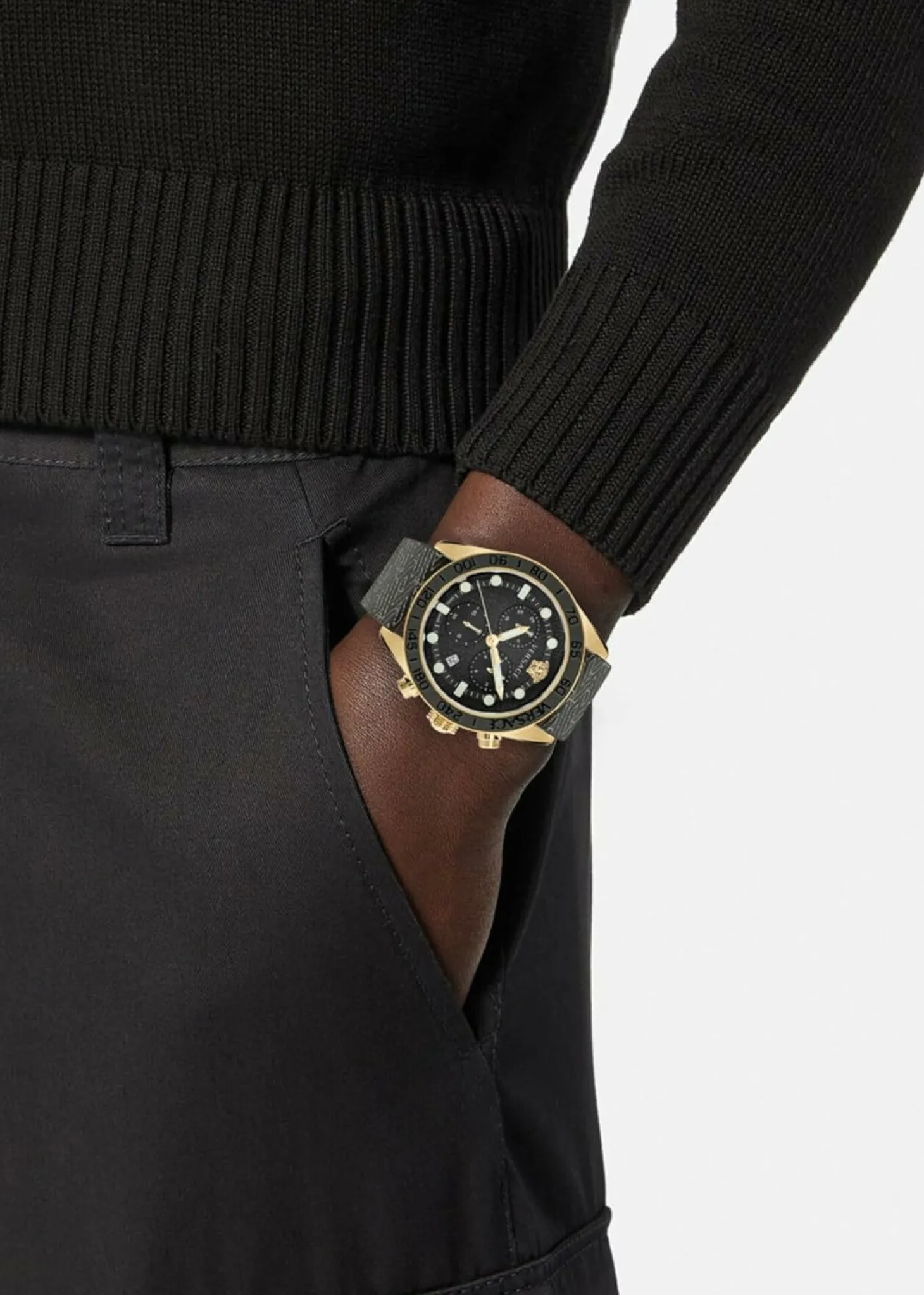 Versace Herren Armbanduhr 43 mm Armband Lederarmband schwarz GRECA DOME CHRONO VE6K00123