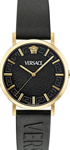 Versace Herren Uhr Greca Slim Gold Schwarz Leder VE8Q00224