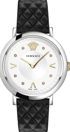 Versace Pop Chic Damenuhr Schwarzes Leder Silber Stahlgehäuse 36mm VEVD00119