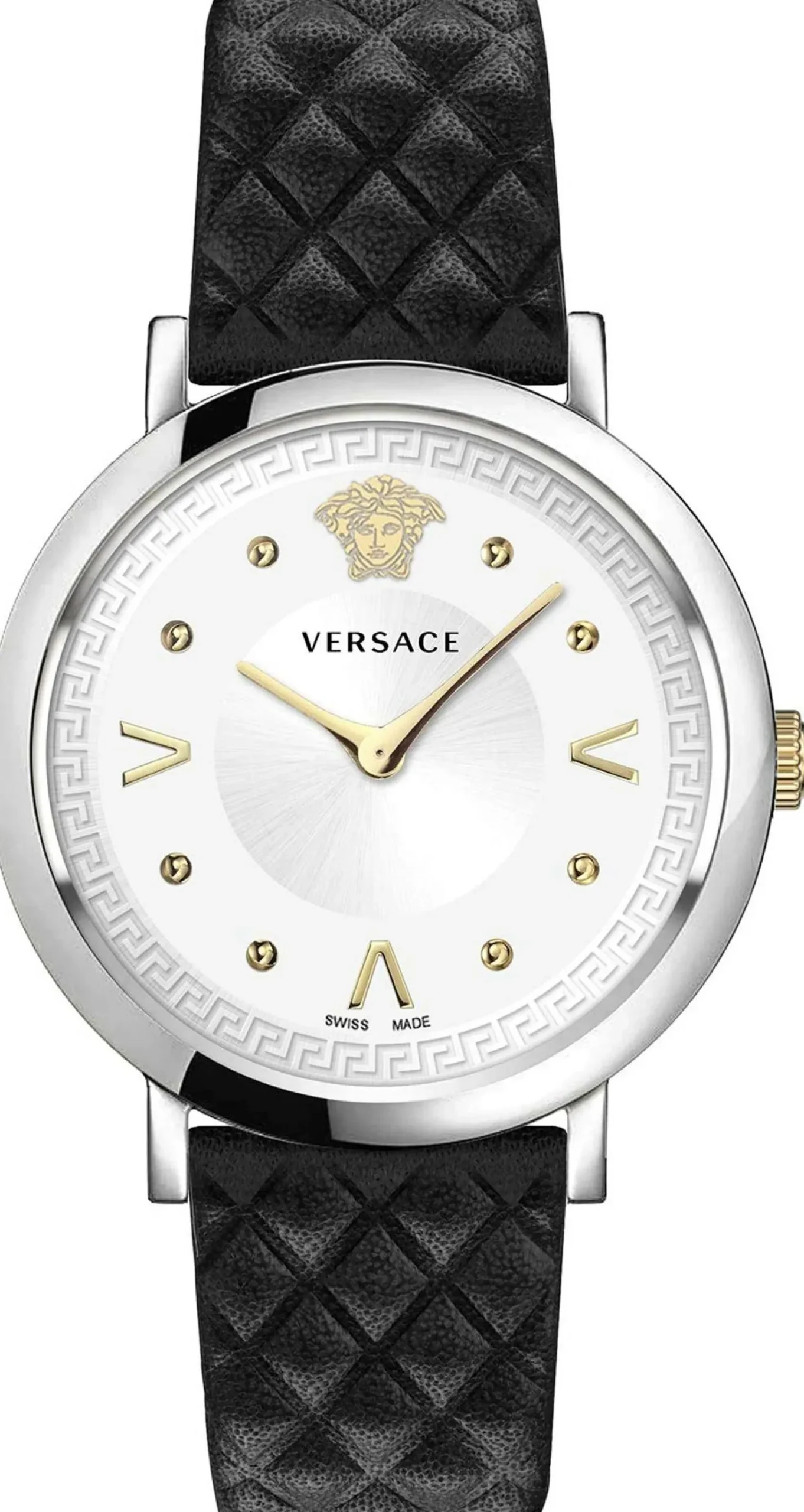 Versace Pop Chic Damenuhr Schwarzes Leder Silber Stahlgehäuse 36mm VEVD00119