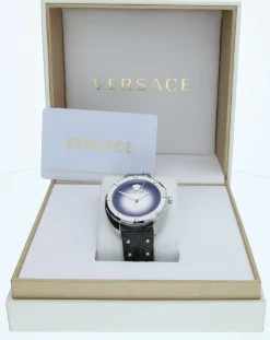 Versace Shadov Damenuhr Schwarz Leder Silber Edelstahl 38mm VEBM00118