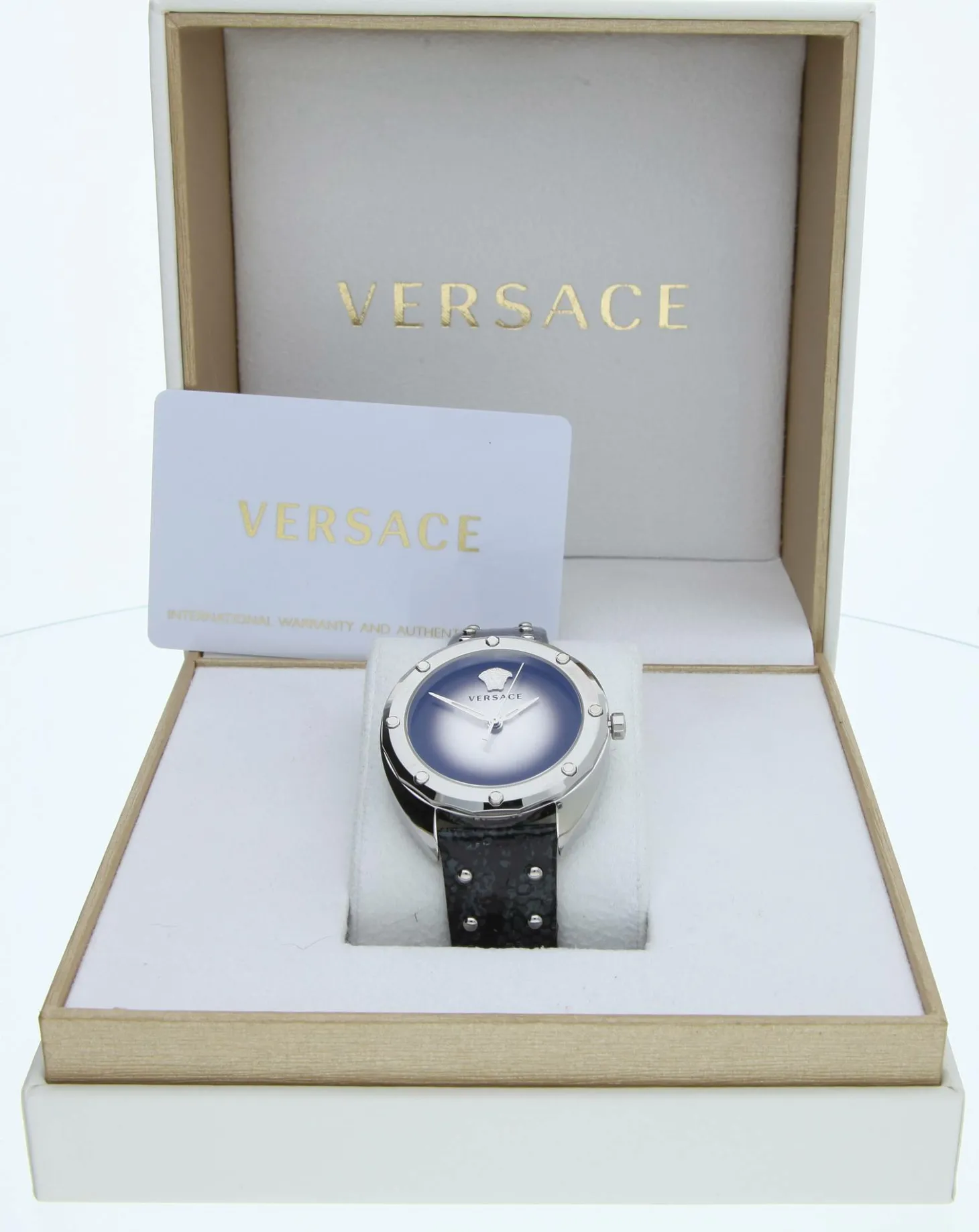 Versace Shadov Damenuhr Schwarz Leder Silber Edelstahl 38mm VEBM00118